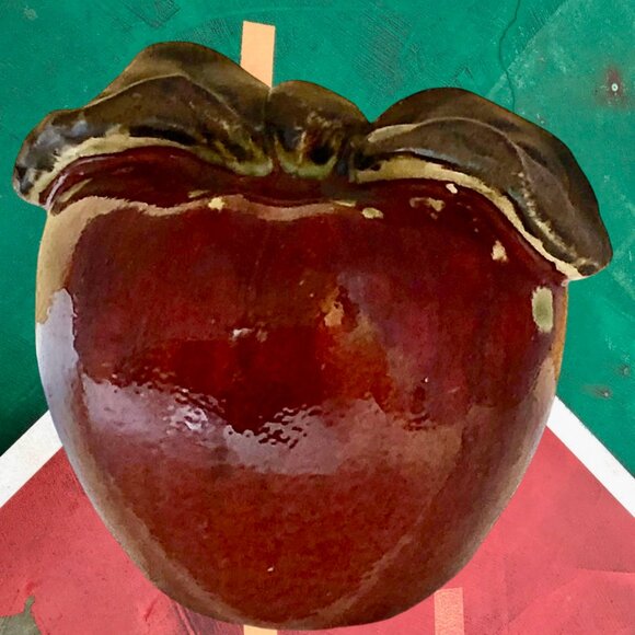 Ceramic Red Apple Fruit Pottery Decoration Green Stem Hand Painted - Picture 1 of 11
